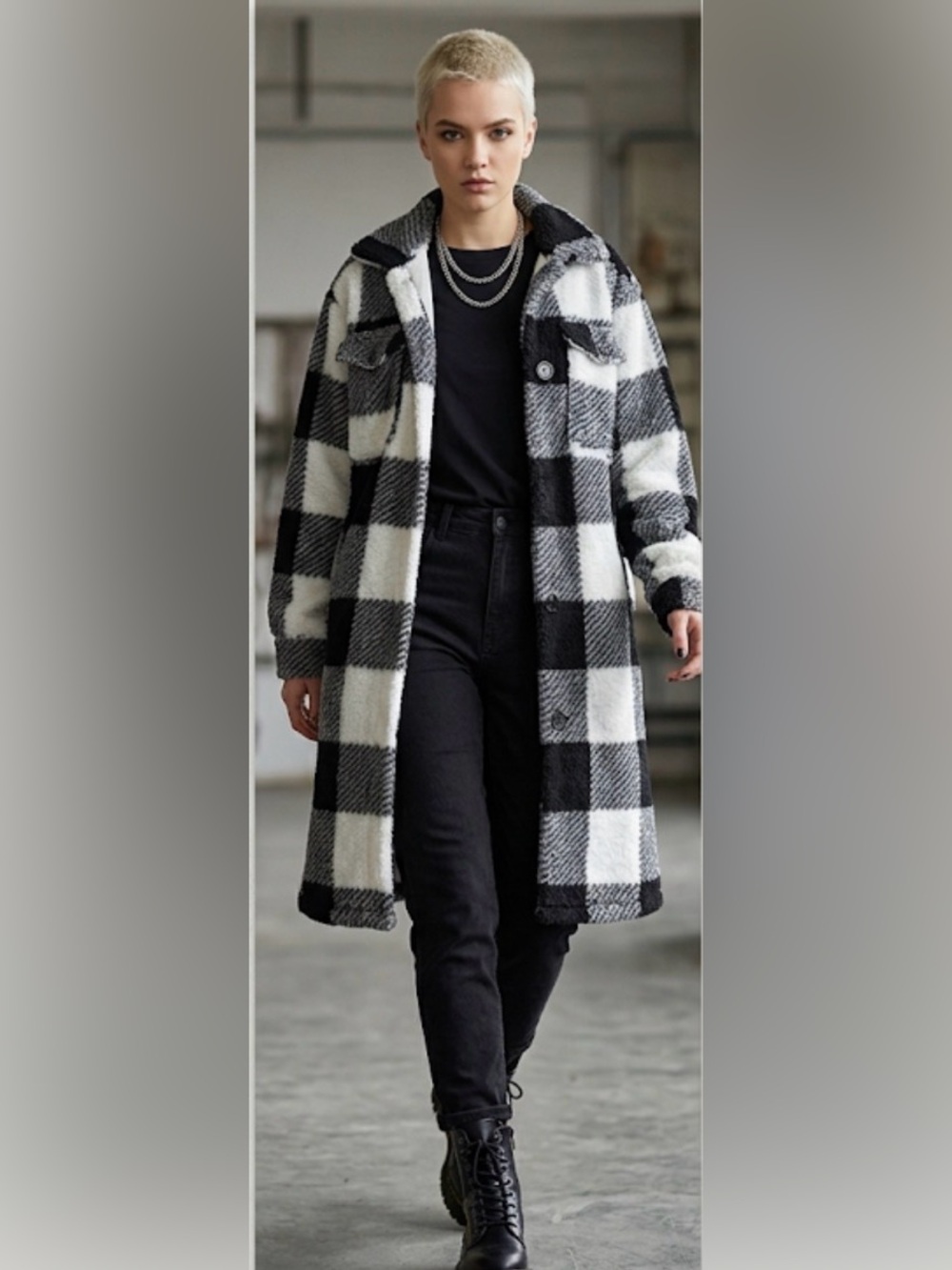 No. 6 Black and White Checkered Trench Coat Size L